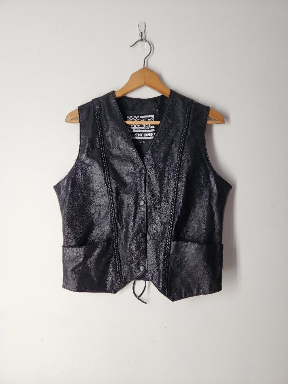 Extreme Biker black lather vest Women's XL snap front braded trim lace-up back